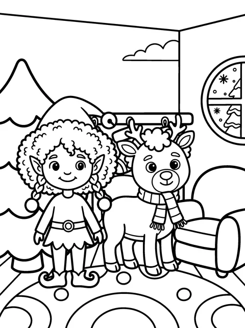 Christmas Eve: Elfie and Rudy look out of the window at the falling snow, coloring page