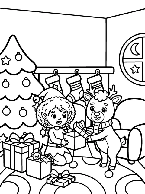 Christmas Morning: Elfie and Rudy open presents under the tree, happy and surprised, coloring page