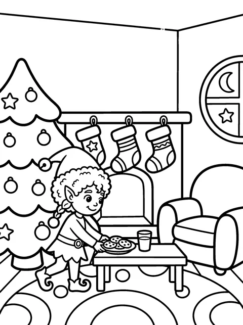 Cookies for Santa: Elfie puts a plate of cookies and a glass of milk by the fireplace, coloring page