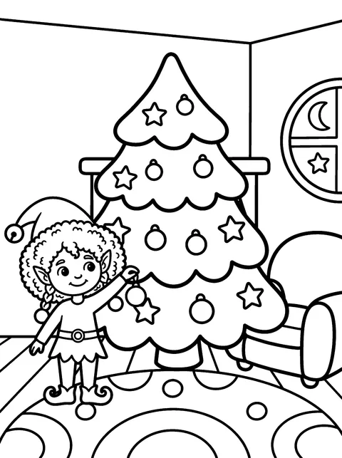 Decorating the Tree: Elfie hangs round baubles on the Christmas tree, coloring page