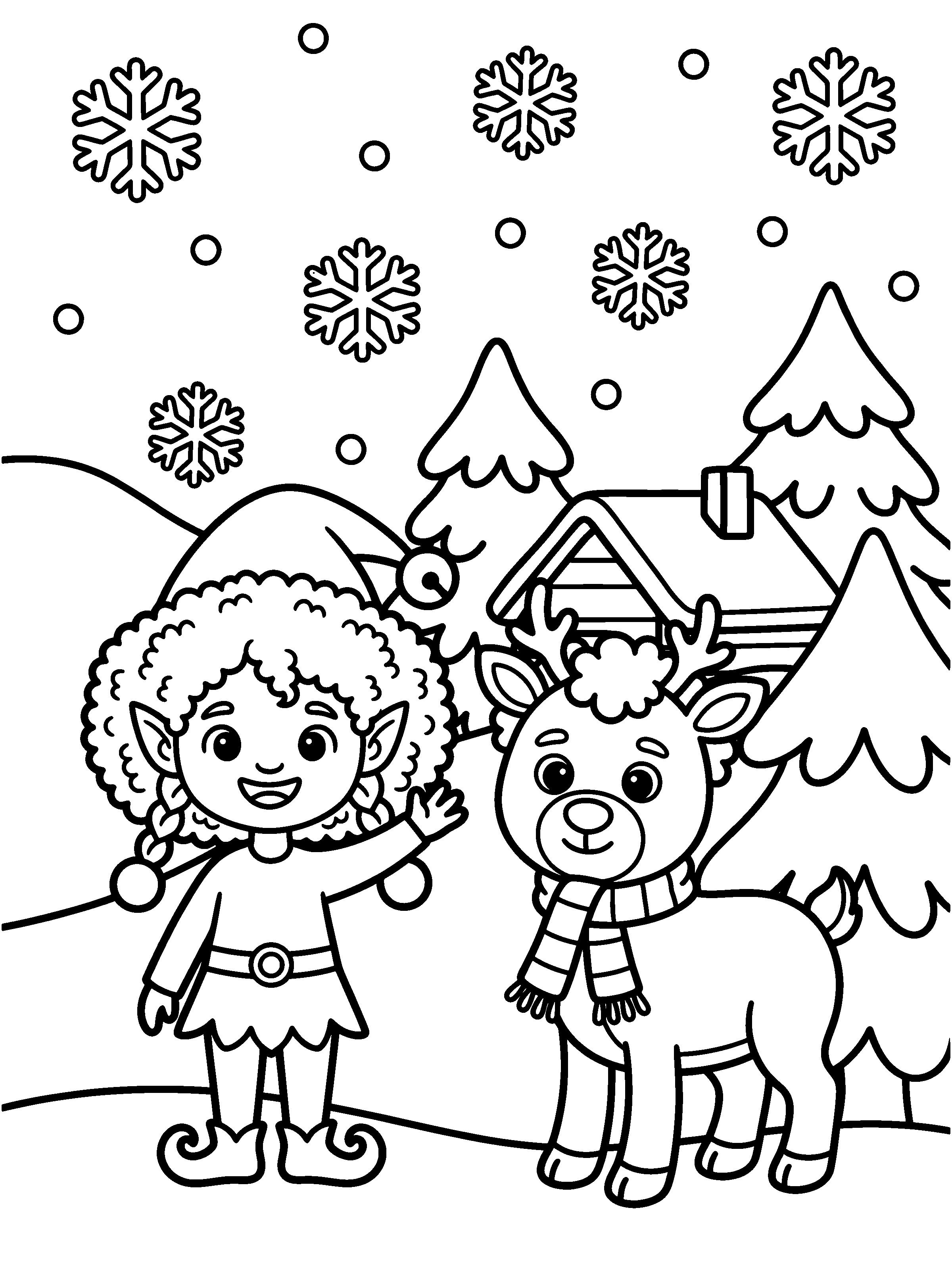 Hello, Elfie: Elfie waves hello beside Rudy the reindeer in the snow. Black and white coloring page.