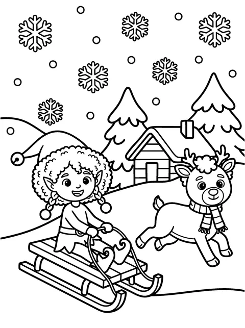 Sledding Down the Hill: Elfie rides a sled down the hill while Rudy runs beside her, coloring page