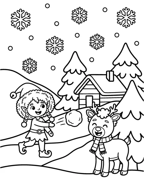 Snowball Fun: Elfie throws a soft snowball and Rudy laughs, coloring page