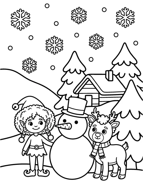Building a Snowman: Elfie and Rudy build a big snowman with a carrot nose and a hat, coloring page