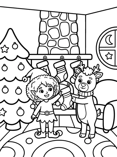 Hanging the Stockings: Elfie and Rudy hang stockings by the fireplace, coloring page