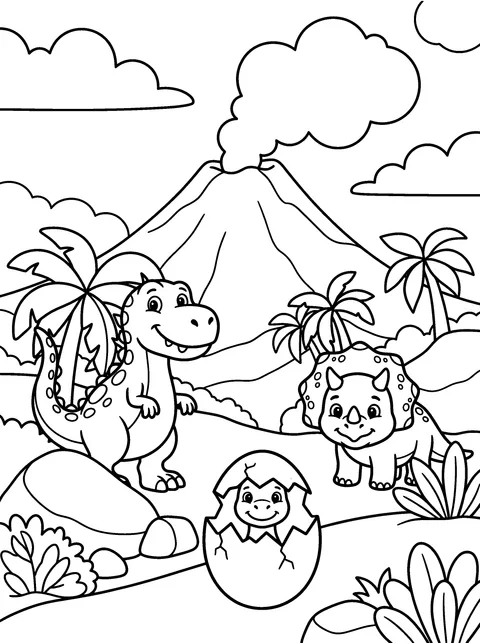 The Baby Hatches: A tiny baby dinosaur peeks out of the cracked egg while Rex and Tops smile, coloring page