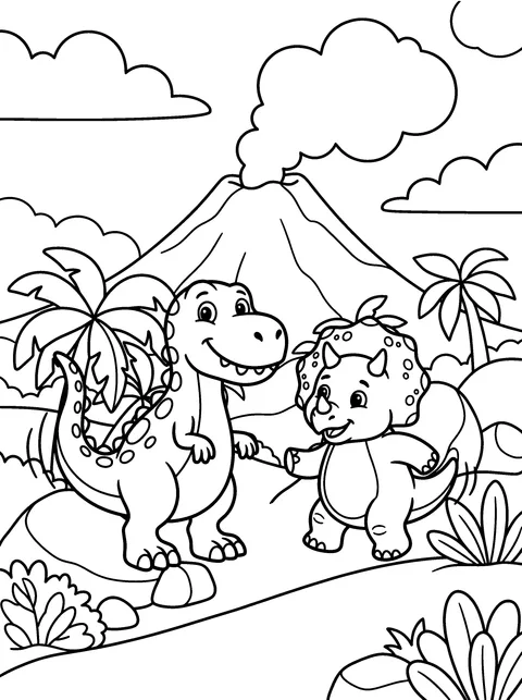 Dino Dance: Rex and Tops dance together, tails swinging, coloring page