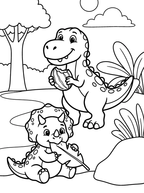 Leaf Lunch: Tops munches a big leaf and Rex eats a melon, coloring page