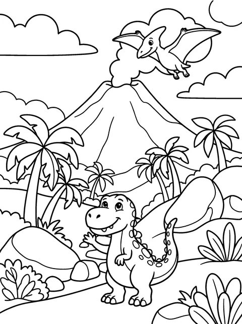 A Friend in the Sky: Rex waves at a friendly pterodactyl flying overhead, coloring page