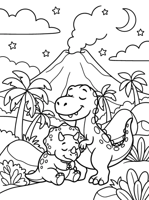 Sleepy Dinos: Rex and Tops sleep curled up next to each other under the stars, coloring page