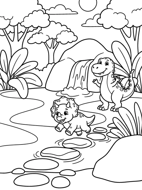 Stepping Stones: Tops hops across the stepping stones while Rex cheers, coloring page