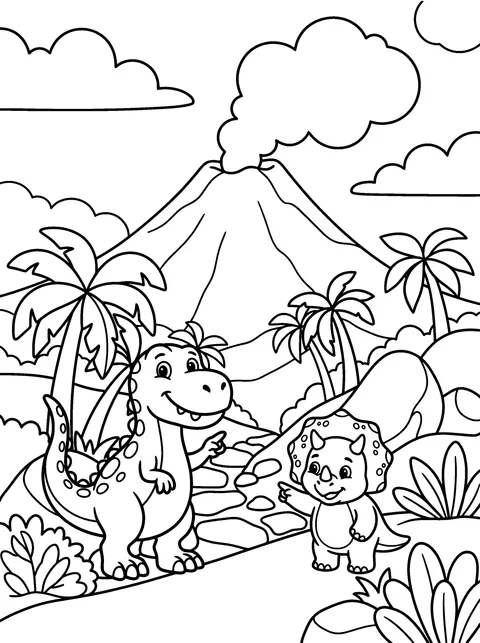 The Puffing Volcano: Rex and Tops point at the volcano puffing a round cloud, coloring page
