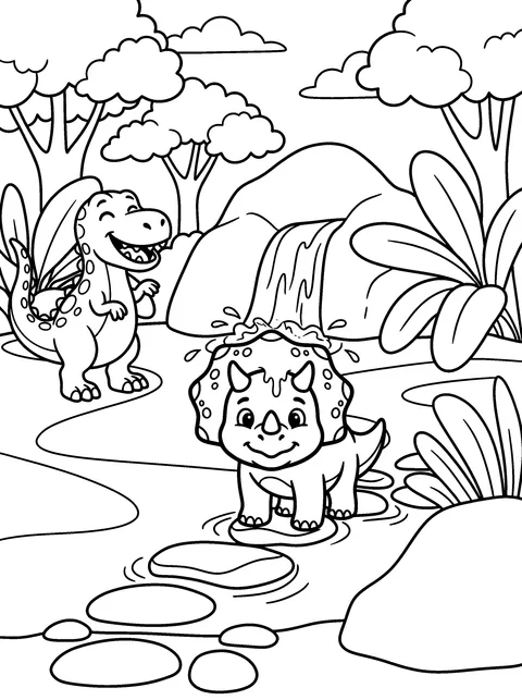 Waterfall Shower: Tops stands under the little waterfall and Rex laughs, coloring page