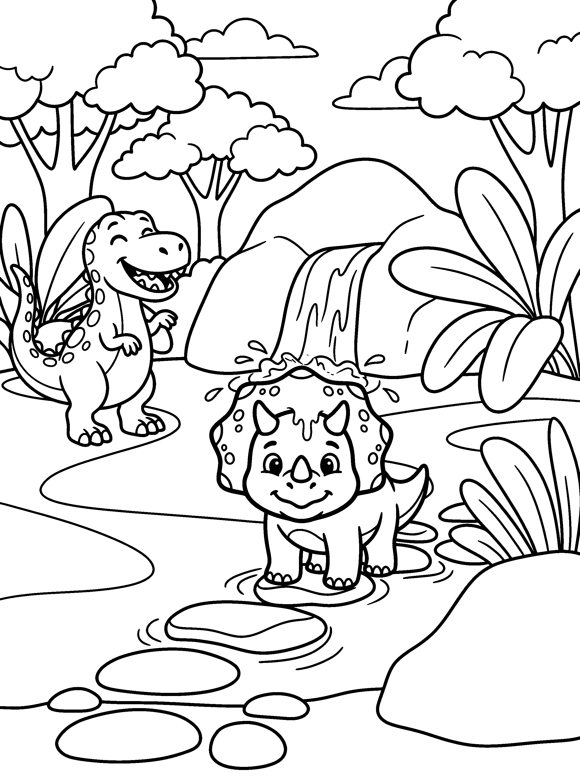 Waterfall Shower: Tops stands under the little waterfall and Rex laughs. Black and white coloring page.