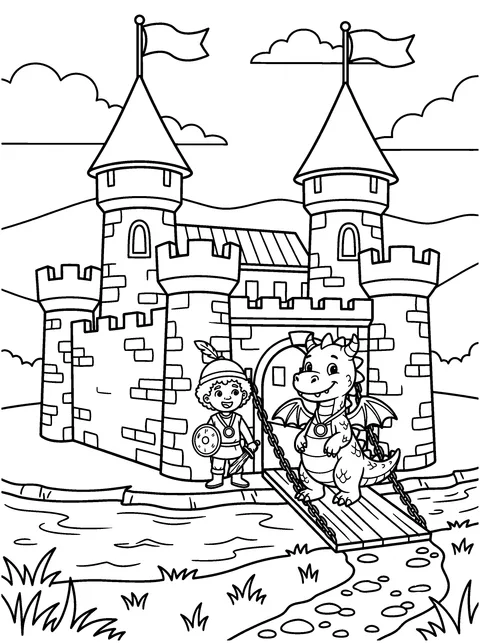 A Medal for Two: Sir Tom and Ember wear medals and cheer on the drawbridge, coloring page