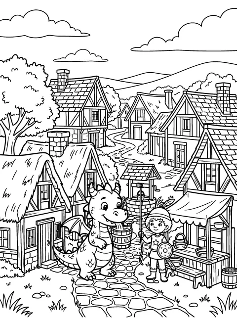 At the Well: Ember drinks from a bucket at the village well while Sir Tom holds the rope, coloring page