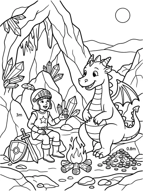 Campfire Stories: Sir Tom and Ember sit by a campfire telling stories outside the cave, coloring page
