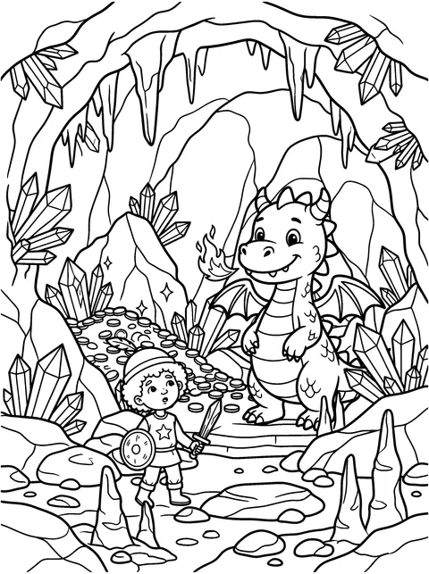 The Crystal Cave: Ember lights up the crystal cave with a tiny flame while Sir Tom explores, coloring page