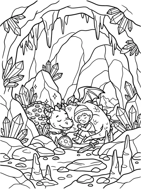 Goodnight, Knight: Sir Tom sleeps curled against Ember's warm belly, coloring page