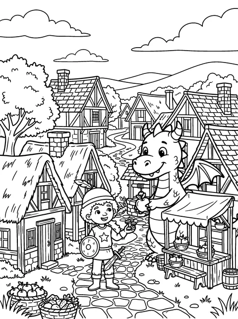 Market Day: Sir Tom and Ember buy apples at the village market stall, coloring page