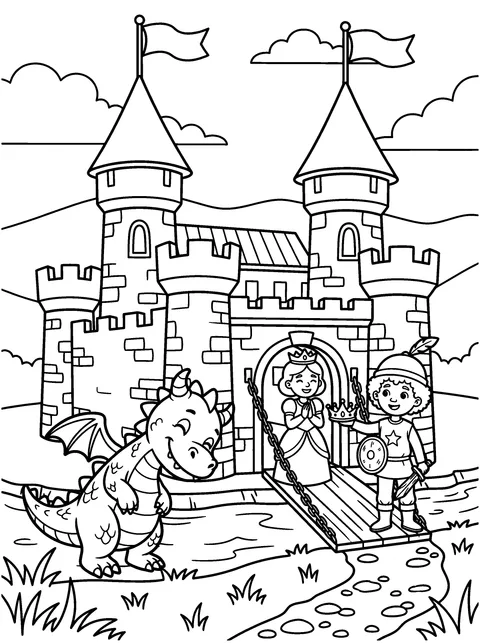 Returning the Crown: Sir Tom hands the crown to a happy queen at the castle gate while Ember bows, coloring page