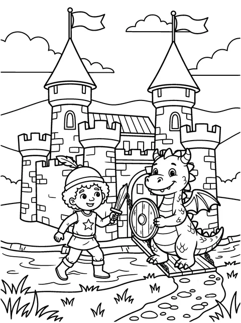Sword Practice: Sir Tom practises with his wooden sword and Ember holds up a shield, coloring page