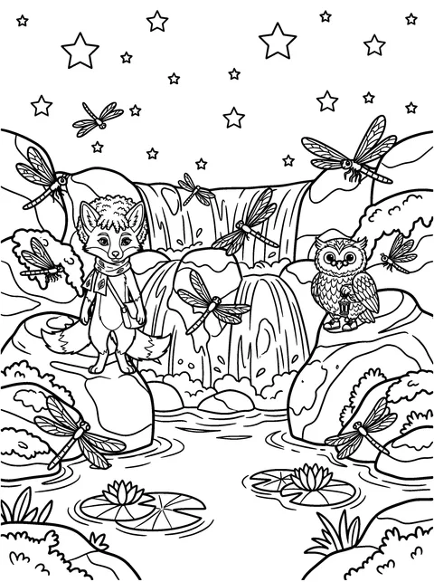 Dragonfly Dance: Big patterned dragonflies dance around Rowan and Sage, coloring page