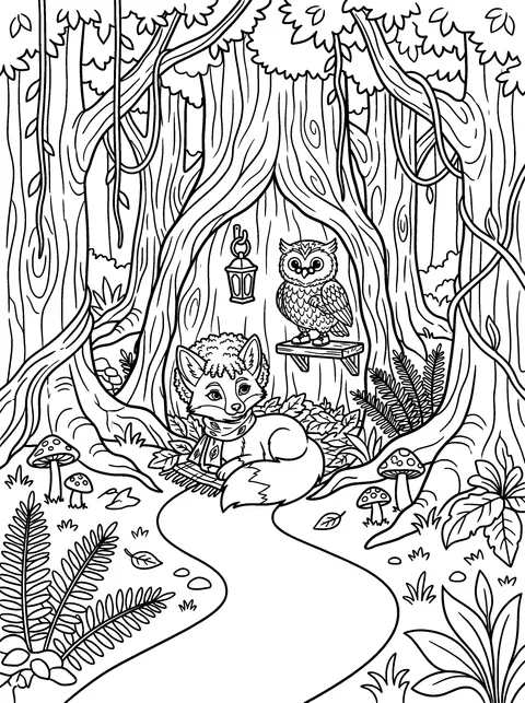 Home in the Old Oak: Rowan and Sage rest in a cosy hollow of a giant oak tree, coloring page