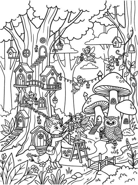 The Lantern Festival: Rowan and Sage join the fairies hanging lanterns in the village, coloring page
