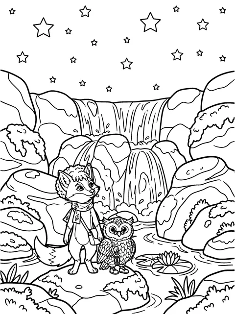Starlight Falls: Rowan and Sage look up at the waterfall under the stars, coloring page