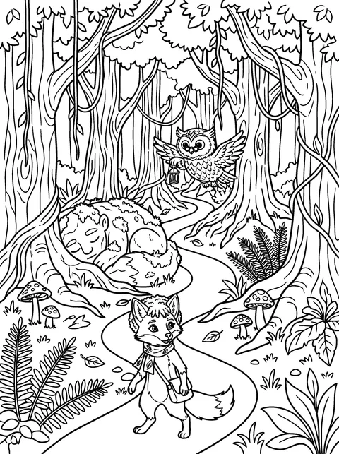 The Sleeping Giant: Rowan tiptoes past a huge mossy stone giant asleep among the trees while Sage flies above, coloring page