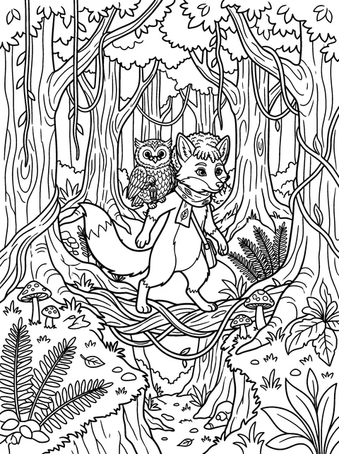 The Root Bridge: Rowan crosses a bridge made of twisted roots with Sage on his back, coloring page