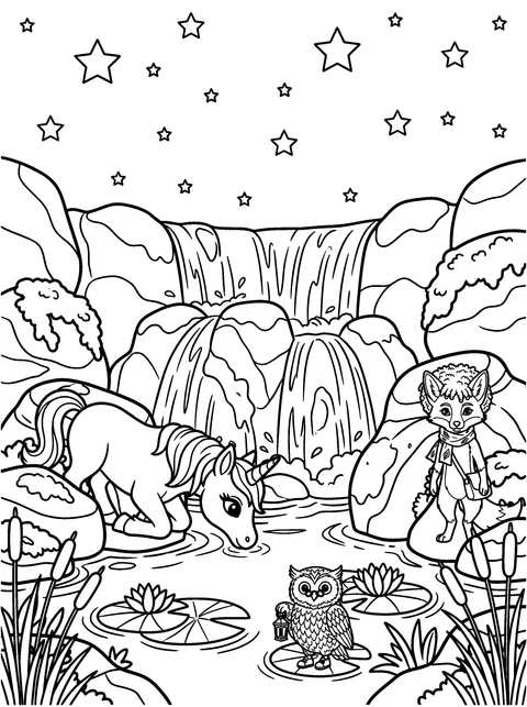 A Rare Visitor: A shy unicorn drinks from the pool while Rowan and Sage watch from the reeds, coloring page