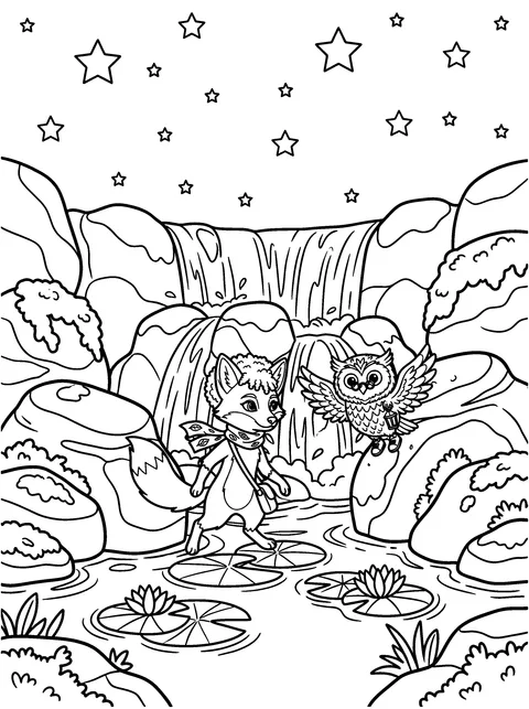 Stepping on Lilies: Rowan hops across giant water lilies on the pool while Sage glides beside him, coloring page