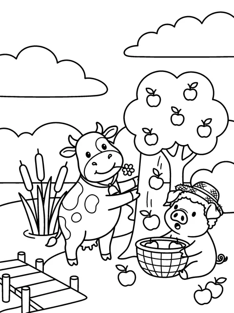 Apple Picking: Daisy shakes the apple tree and Hamlet catches apples in a basket, coloring page