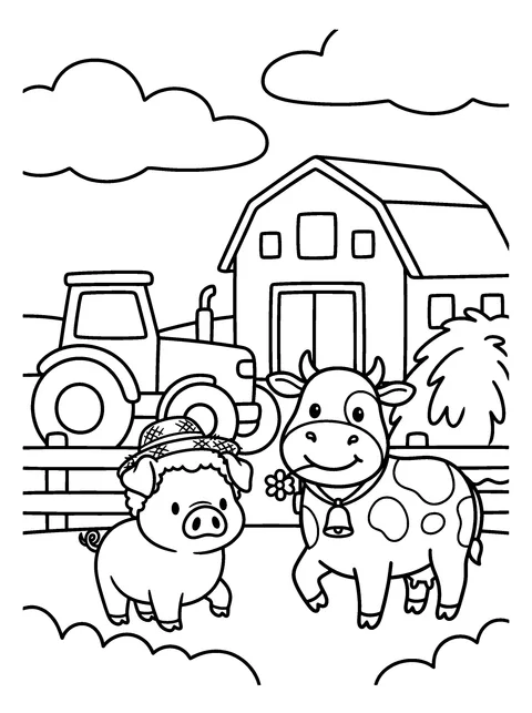 Barn Party: Daisy and Hamlet dance at a party in front of the barn, coloring page