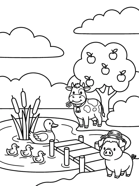The Ducklings: Daisy and Hamlet watch a mother duck and three ducklings swim, coloring page