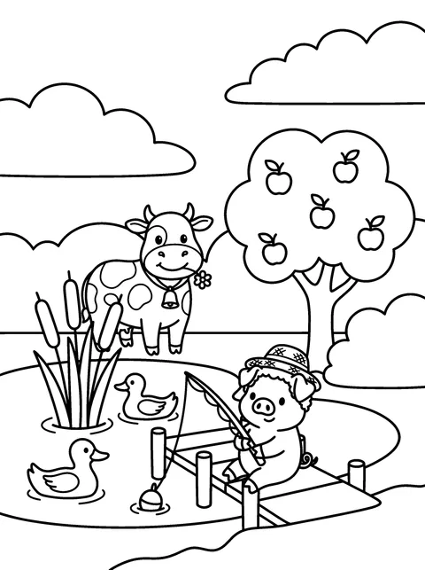 Gone Fishing: Hamlet sits on the jetty with a fishing rod and Daisy beside him, coloring page