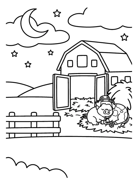 Goodnight, Farm: Daisy and Hamlet sleep in the hay inside the barn door under the moon, coloring page