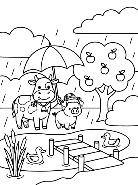 Rainy Day: Daisy holds an umbrella over Hamlet in the rain, coloring page