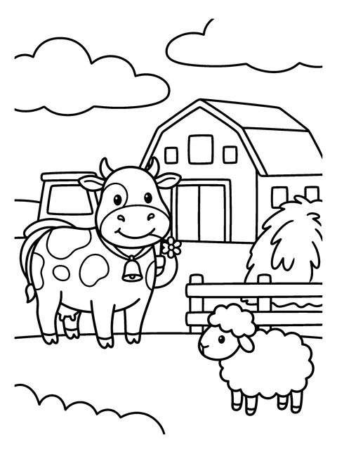 Sheep Friends: Daisy says hello to two fluffy sheep by the fence, coloring page
