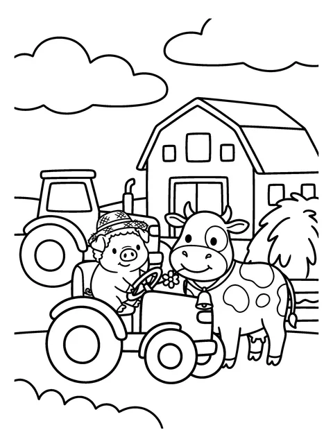 Tractor Ride: Hamlet sits on the tractor seat and Daisy pretends to steer, coloring page