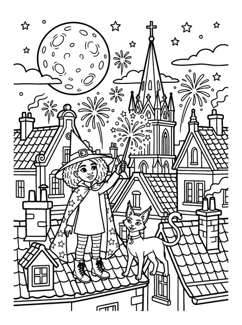 Spell Fireworks: Willow casts sparkling firework spells over the rooftops and Ash cheers, coloring page