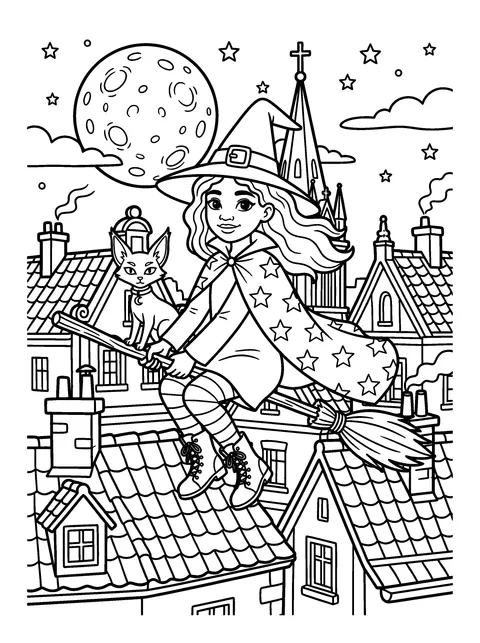 First Flight: Willow flies on her broom over the rooftops with Ash holding on behind her, coloring page