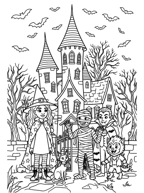 The Guests Arrive: A friendly mummy, a smiling vampire and a little werewolf arrive at the manor gate and Willow welcomes them, coloring page
