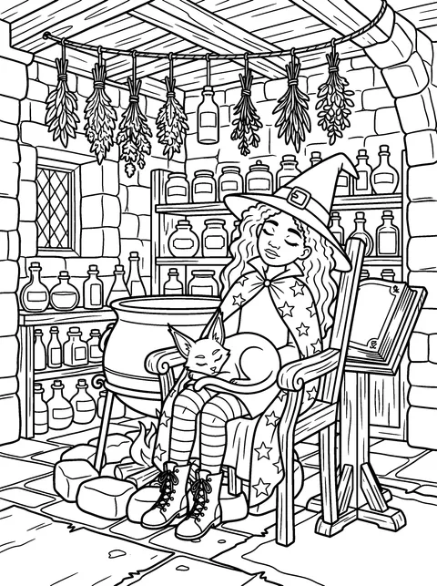 Goodnight, Willow: Willow falls asleep in a big armchair by the fire with Ash curled up on her lap, coloring page