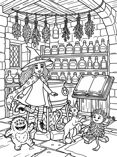 The Monster Party: Willow, Ash and the friendly monsters dance in the potion kitchen, coloring page