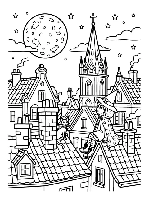 Resting on the Moonlit Roof: Willow and Ash sit by a chimney looking at the huge moon, coloring page