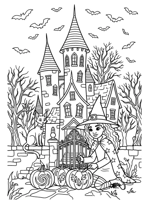 Carving Lanterns: Willow carves detailed patterns into a row of pumpkins at the manor gate while Ash watches, coloring page
