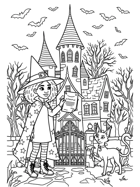 The Invitation: Willow pins a party invitation to the manor gate while Ash holds the hammer, coloring page